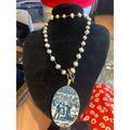 Handmade Vintage Blue White China Porcelain Pendant Freshwater Pearl Necklace