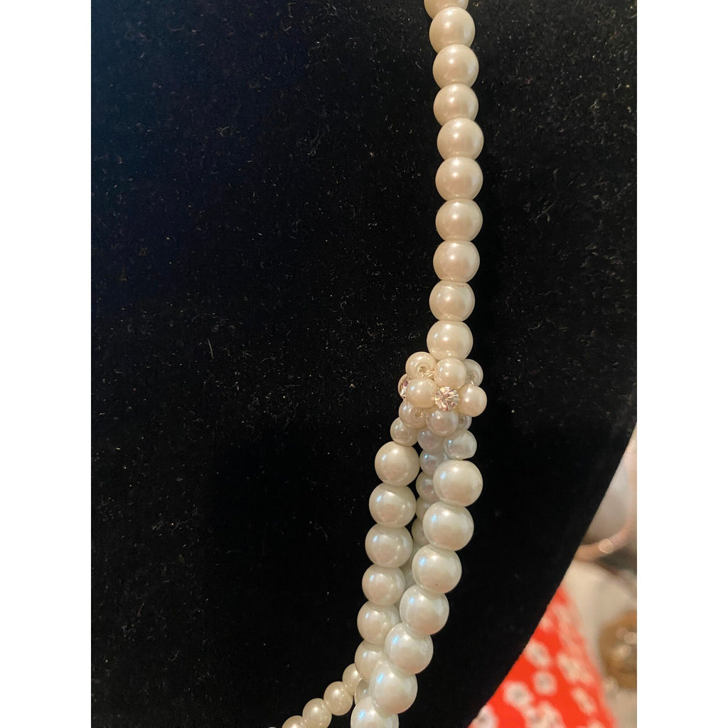 Vintage Style Multi Strand Glass Pearl Necklace Rhinestone Accent Cream White