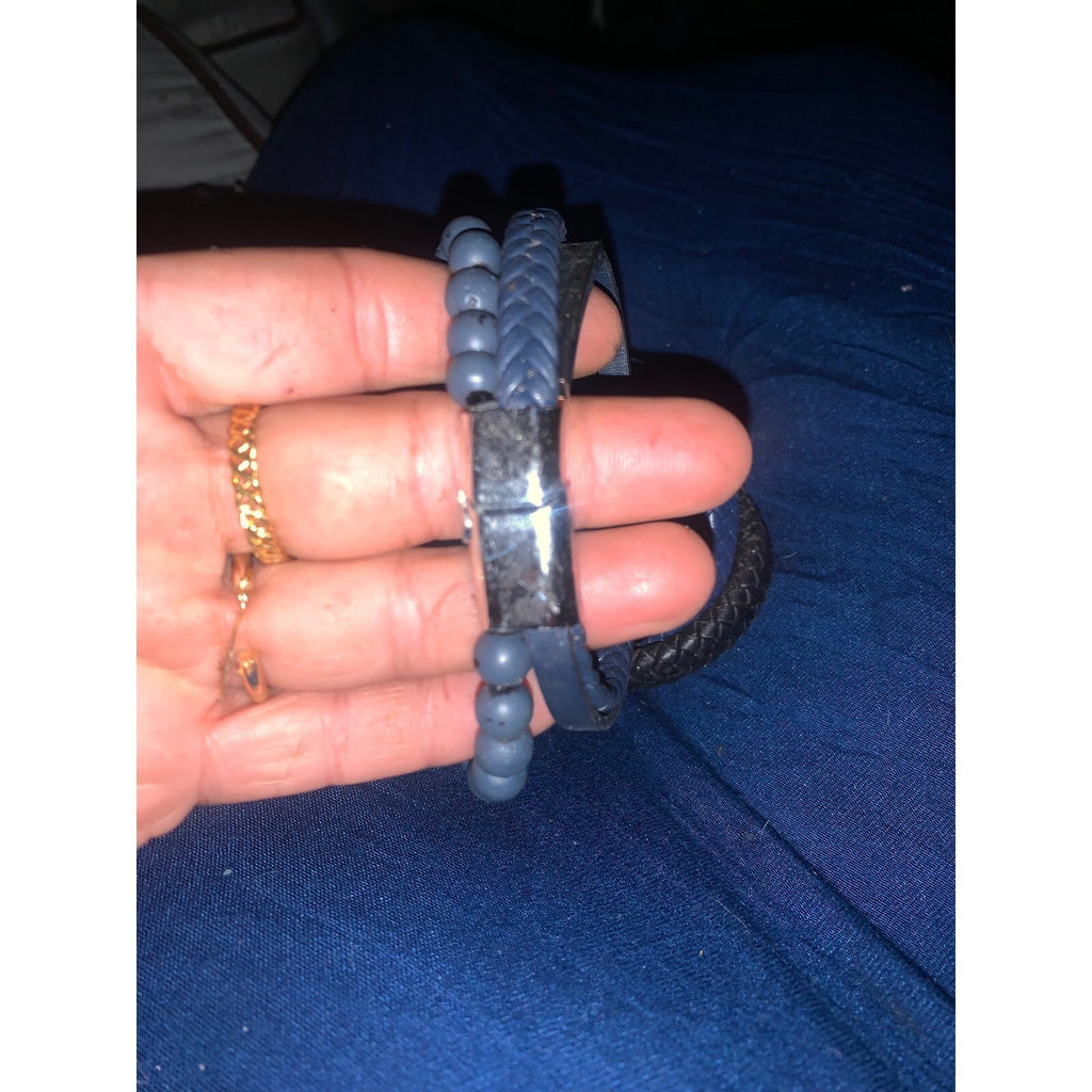 Mens 4pc Bracelet Set Stainless Steel Braided Leather Blue Black Beaded Stack