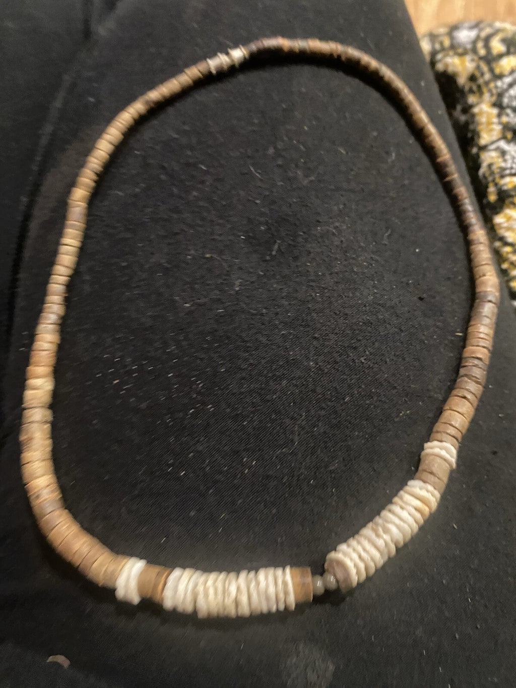 Vintage Heishi Bead Necklace Barrel Clasp Brown White Hemp 1970s 1980s