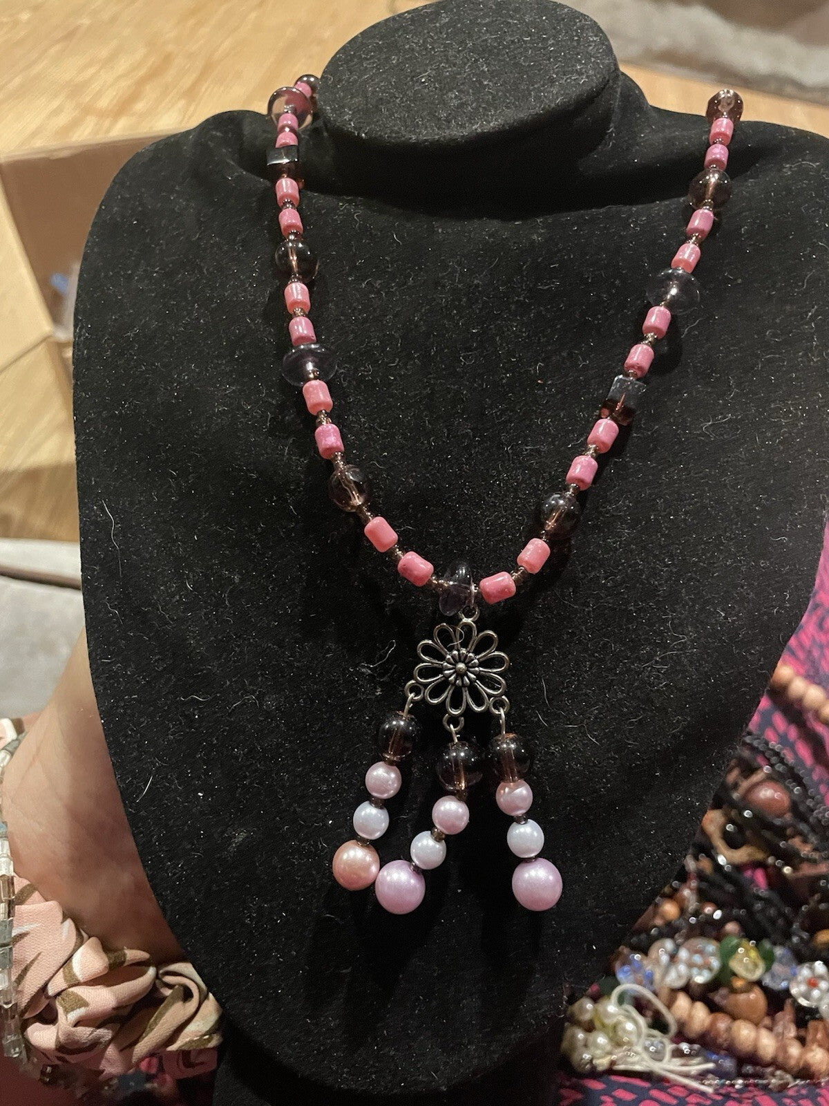 vintage pink-and-black beaded chandelier statement necklace