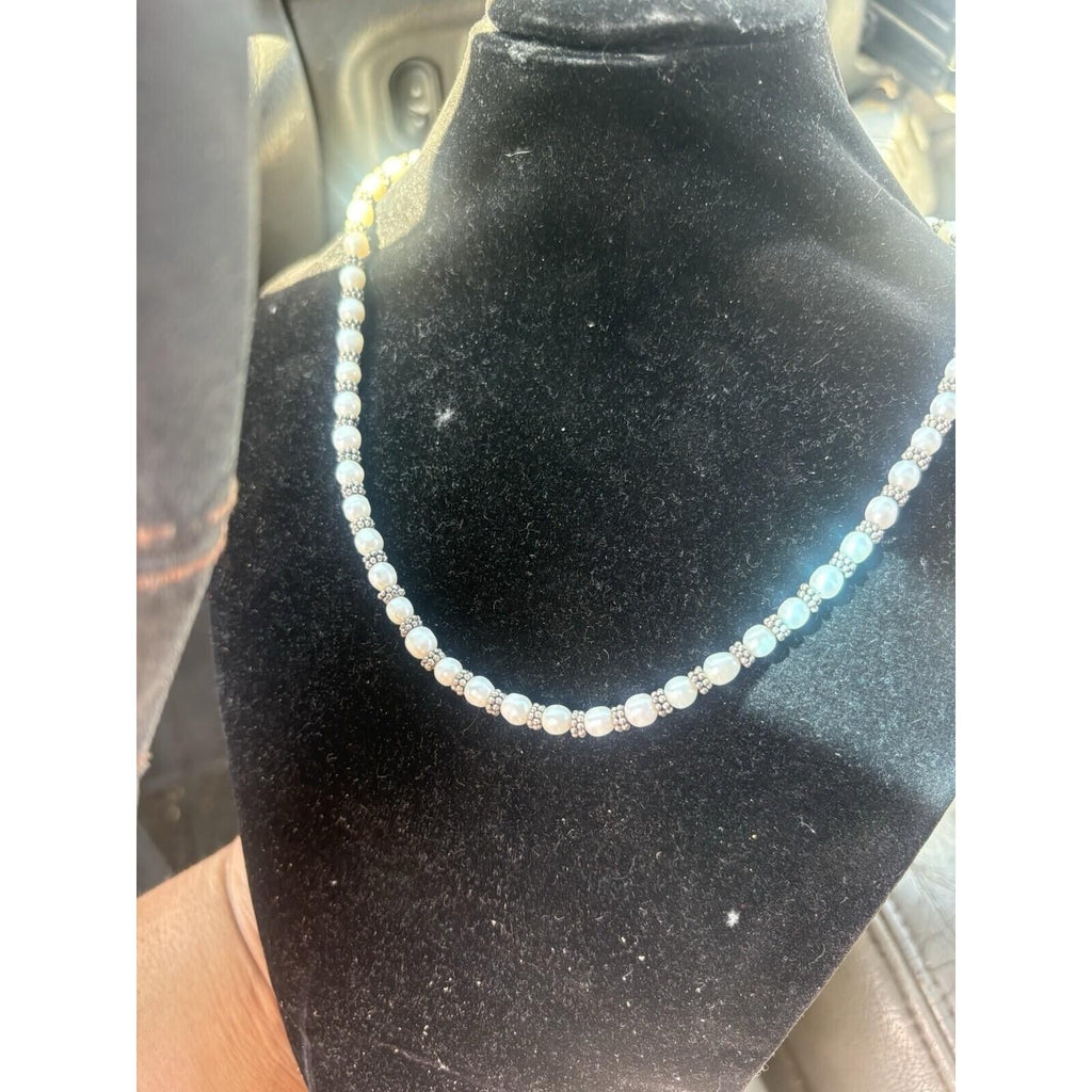 Handmade Rice Pearl Sterling Silver Beaded Necklace Toggle Clasp White Artisan