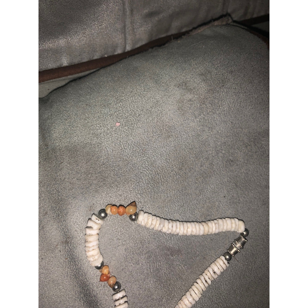 Vintage Puka Shell Necklace White Orange Beads Silver Tone Barrel Clasp Beach