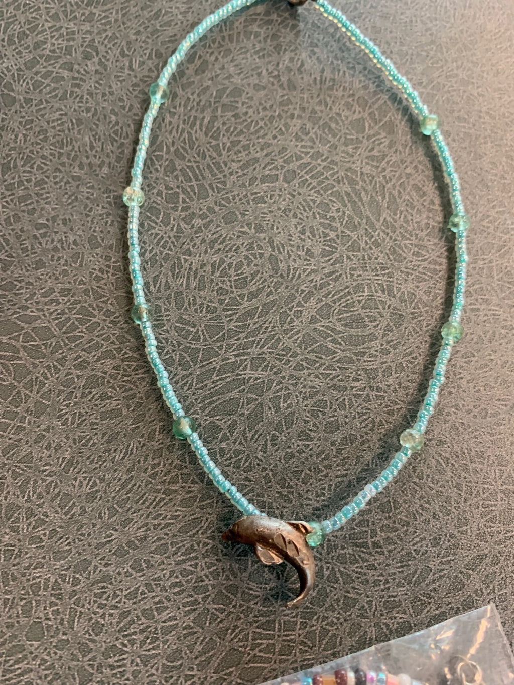 Handmade Light Blue Beaded Sterling Dolphin Charm Necklace
