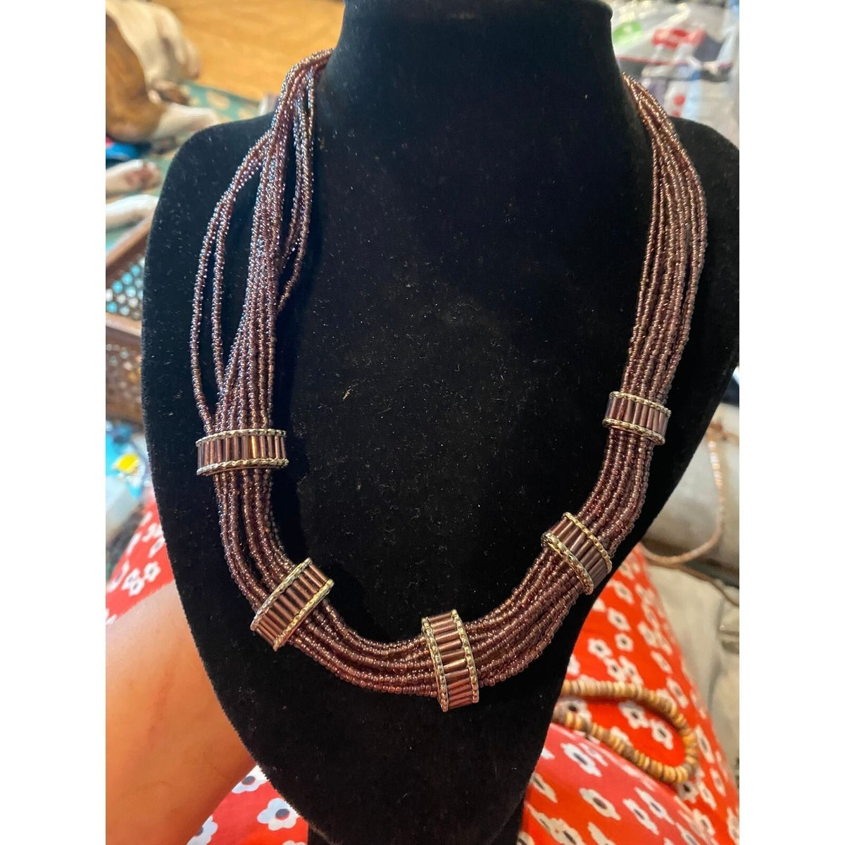 Multi Strand Metallic Mauve Seed Bead Statement Necklace Silver Tone Accents