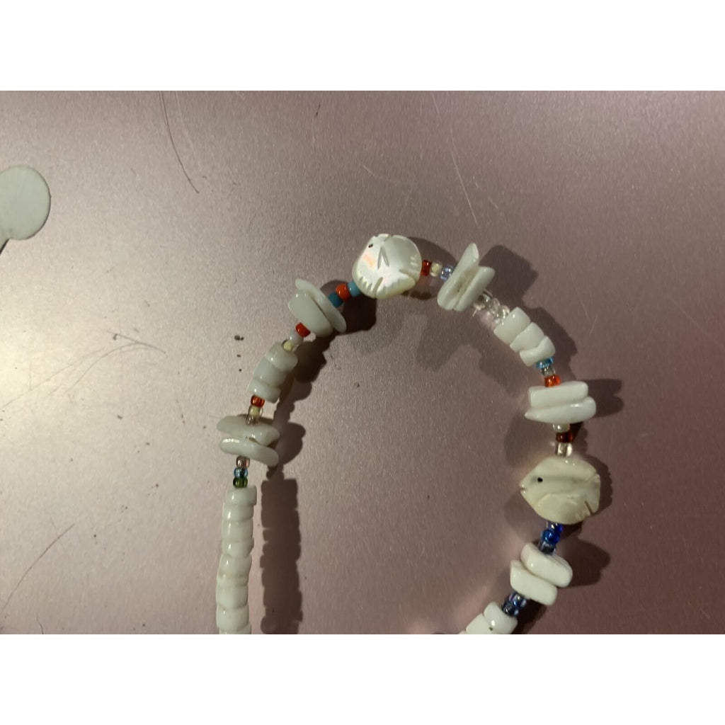 White Beaded Bracelet Multicolor Accent Shell Fish Beads Barrel Clasp Boho