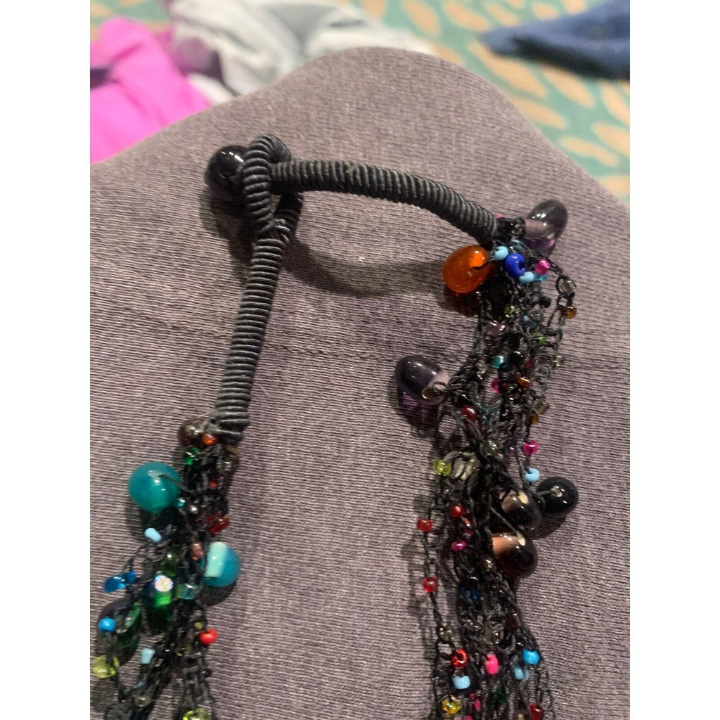 Artisan Handcrafted Crochet Multi Strand Glass Bead Statement Necklace Black 20"