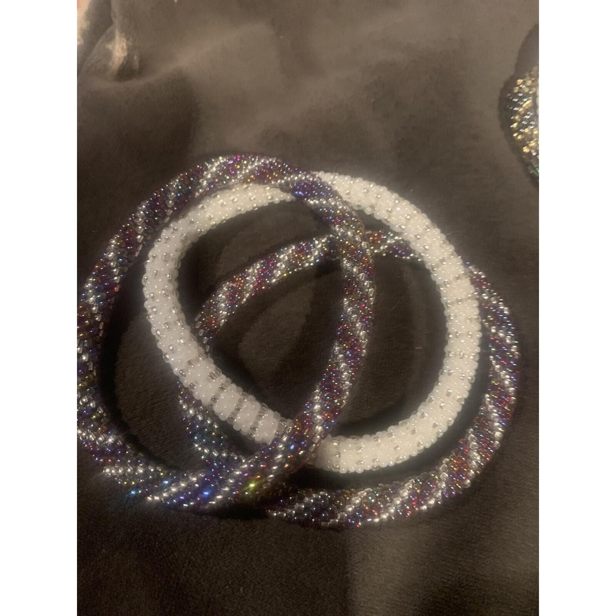 Beaded Stretch Bracelet Set of 3 Multicolor White Faceted Seed Bead Bangles