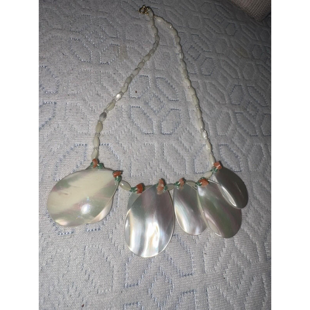 Mother of Pearl Shell and Angel Skin Coral Beaded Necklace 15 Inch Cream Pink