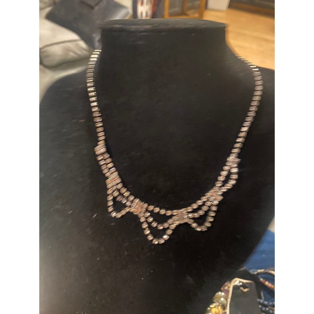 Vintage Rhinestone Festoon Necklace Silver Tone Baguette Crystal Swag Bib 16in