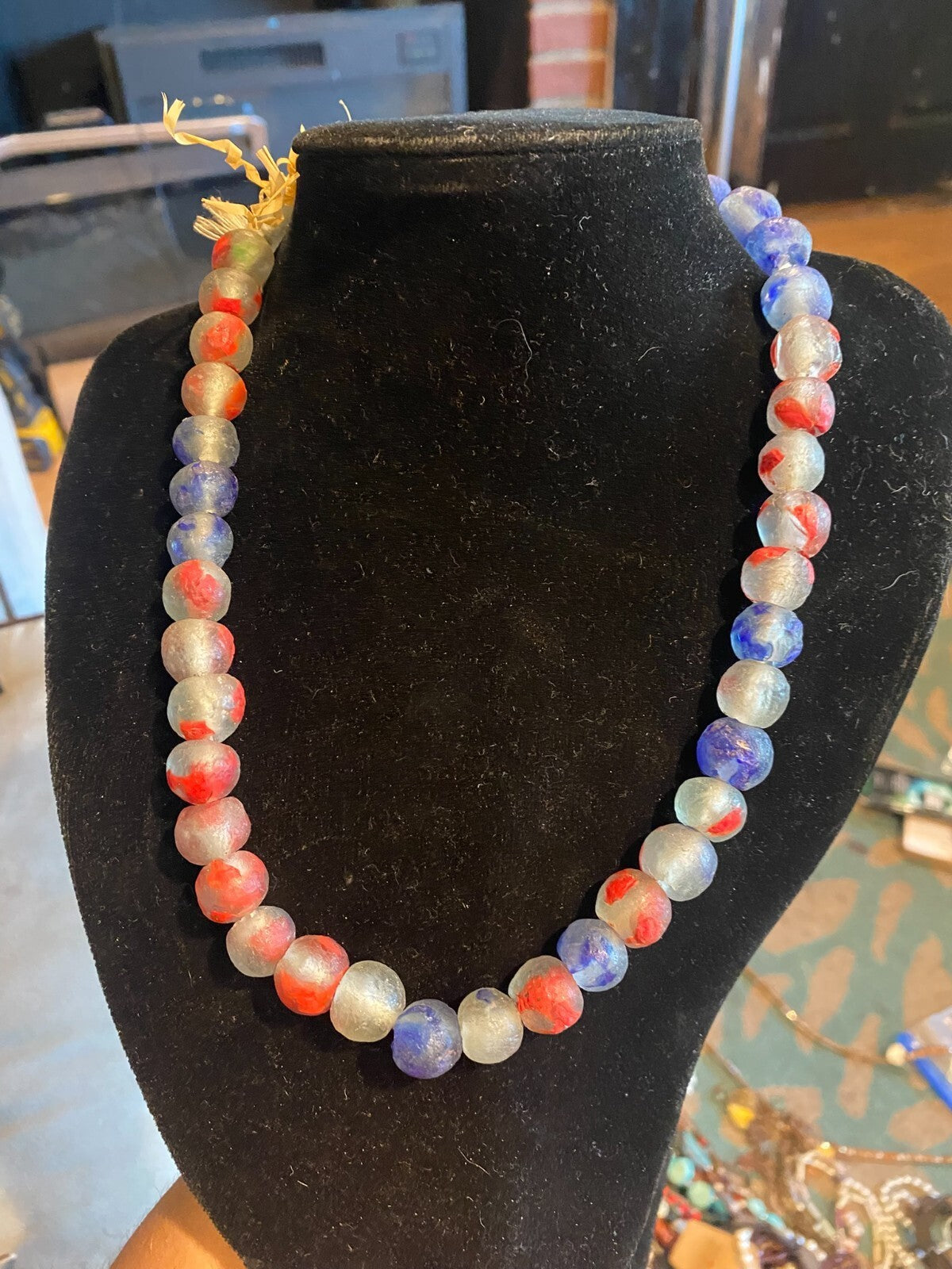 Handcrafted Ghanaian Krobo Recycled Glass Bead Necklace Red Blue White