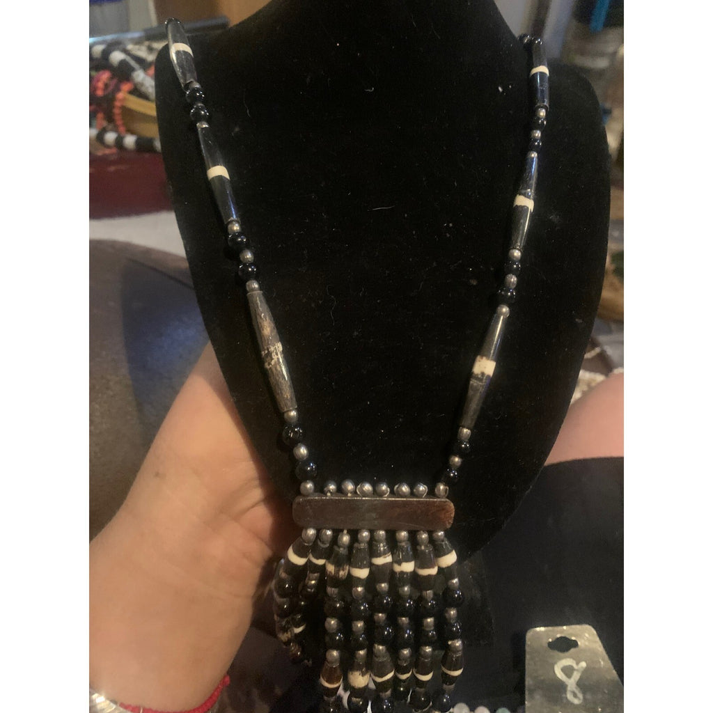 Vintage Buffalo Horn Tribal Fringe Necklace Black Cream Beaded Multi Strand Boho