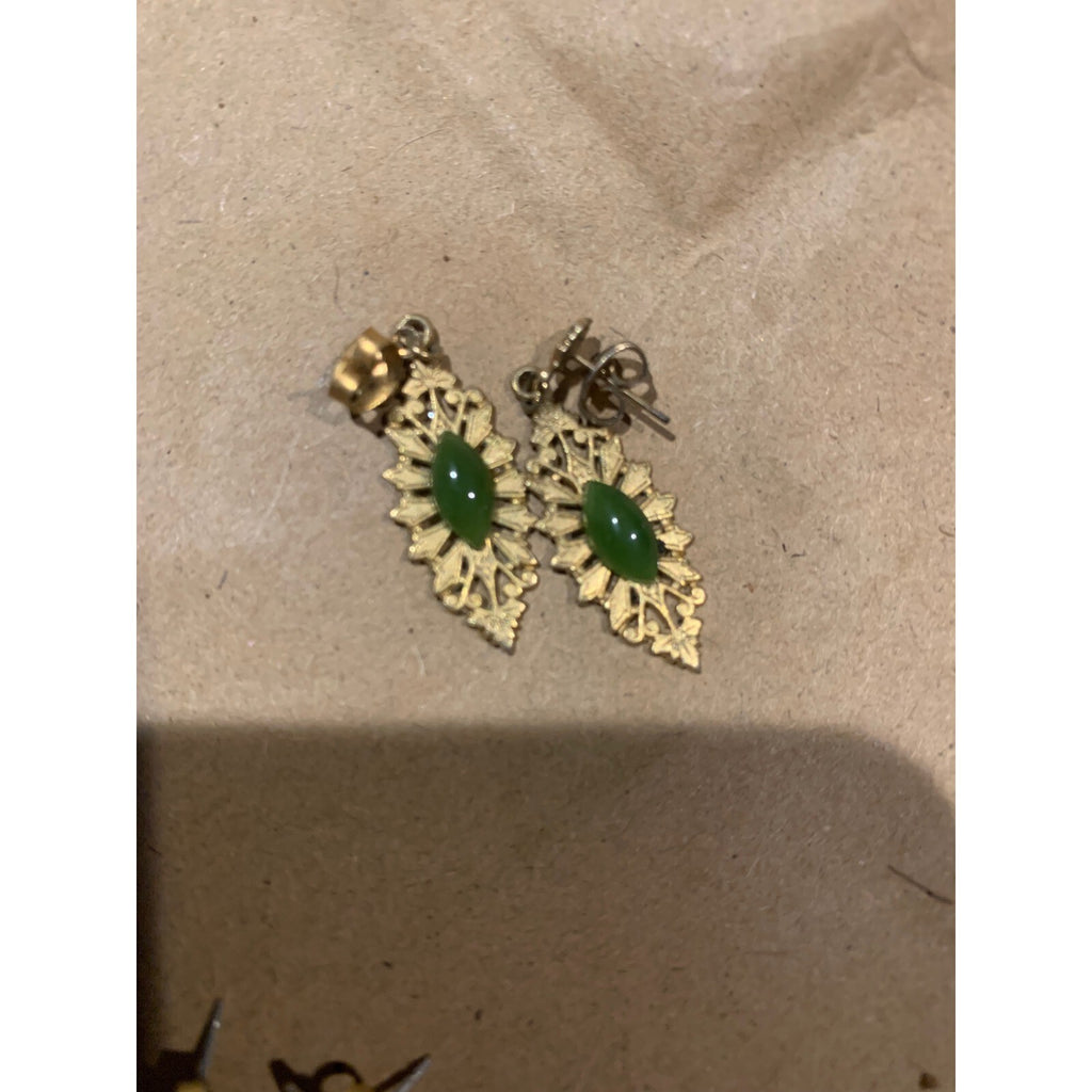Vintage Gold Filled Jade Filigree Drop Earrings Green Marquise Cabochon Post