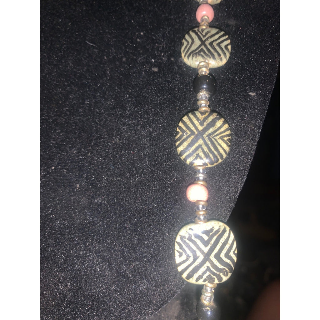 Boho Geometric Beaded Statement Necklace Olive Green Black Pink Long Strand
