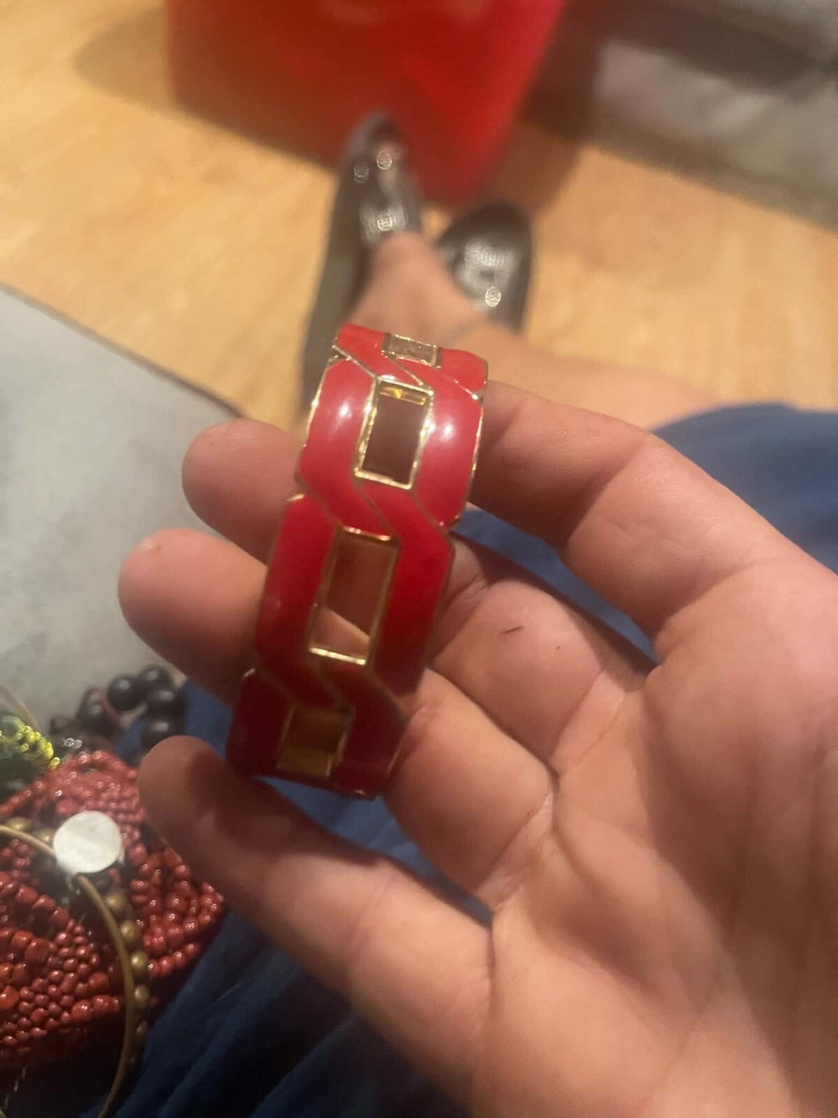 red enamel geometric hinged cuff bracelet
