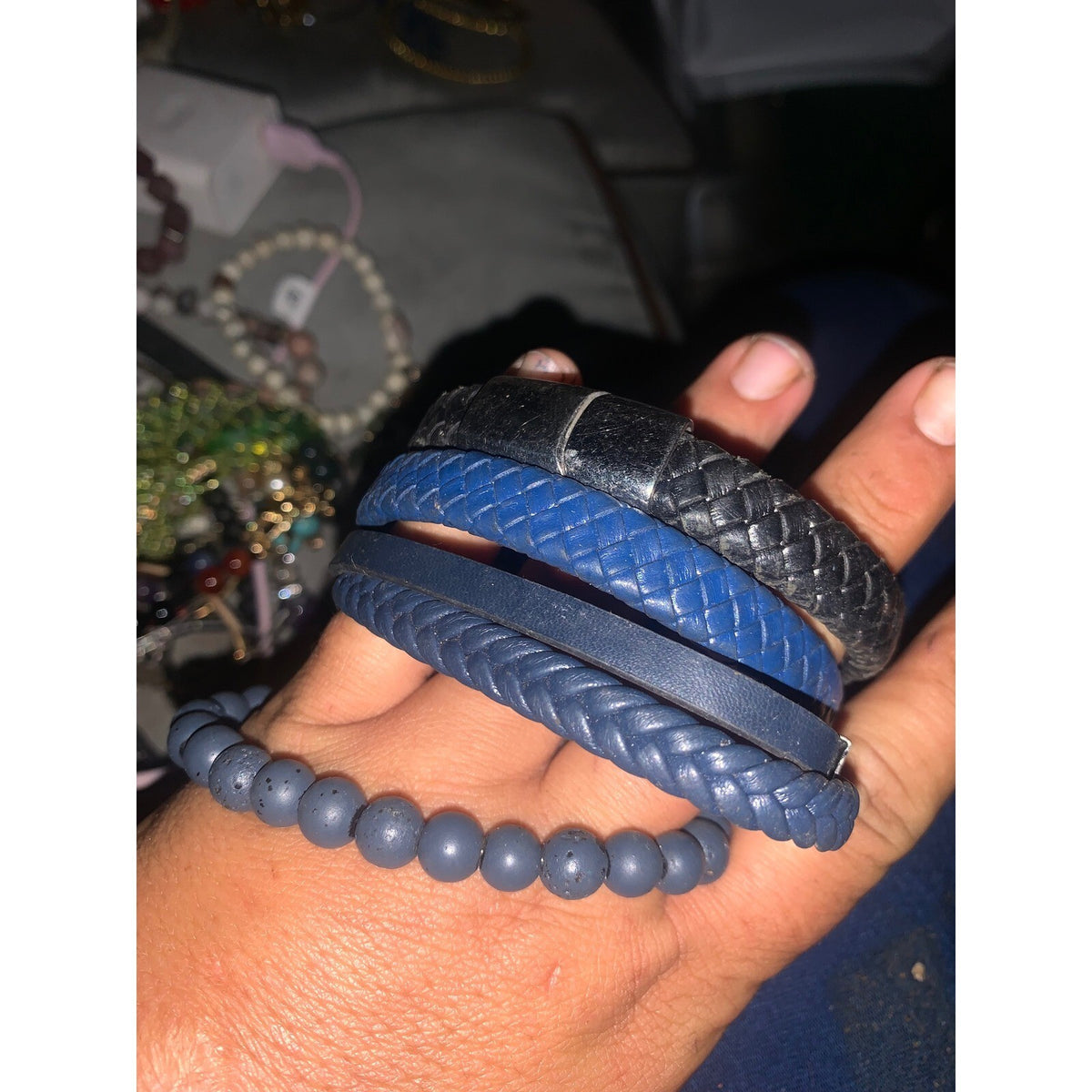 Mens 4pc Bracelet Set Stainless Steel Braided Leather Blue Black Beaded Stack