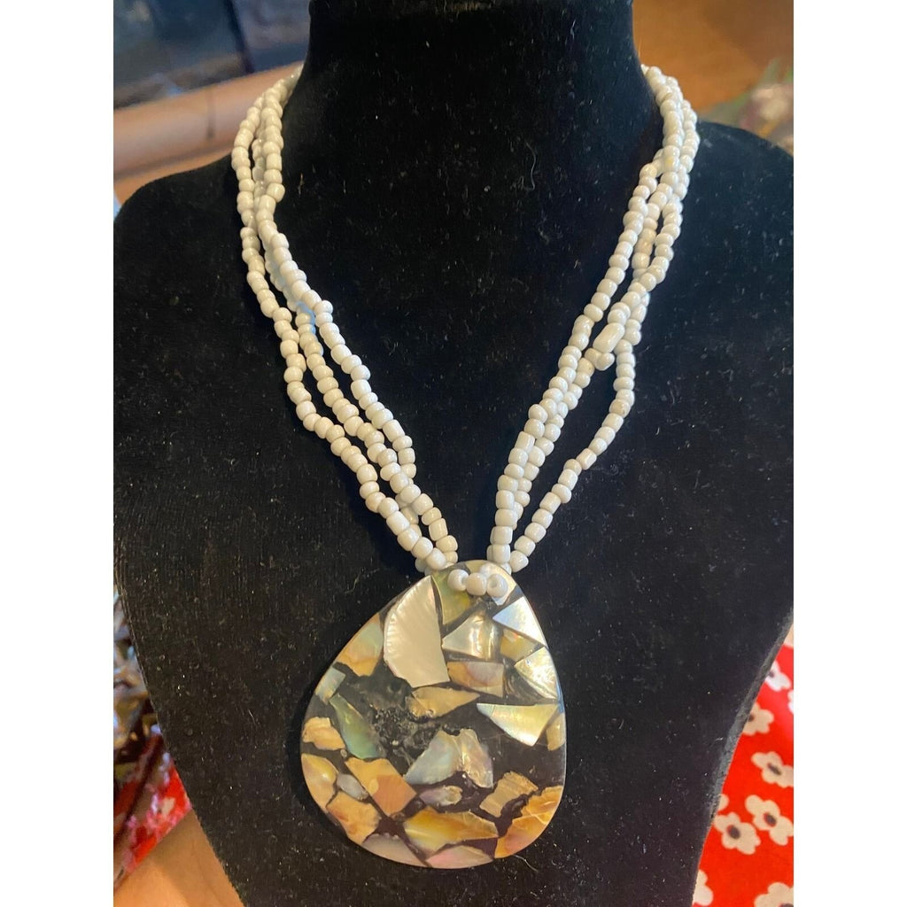Mosaic Abalone Mother of Pearl Teardrop Pendant Multi Strand Seed Bead Necklace