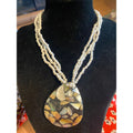 Mosaic Abalone Mother of Pearl Teardrop Pendant Multi Strand Seed Bead Necklace
