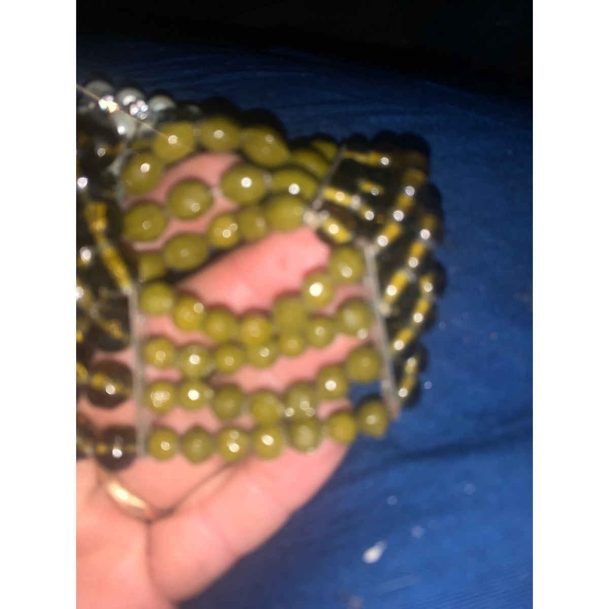 Vintage Style Olive Green Smoky Amber Beaded Multi Strand Stretch Cuff Bracelet