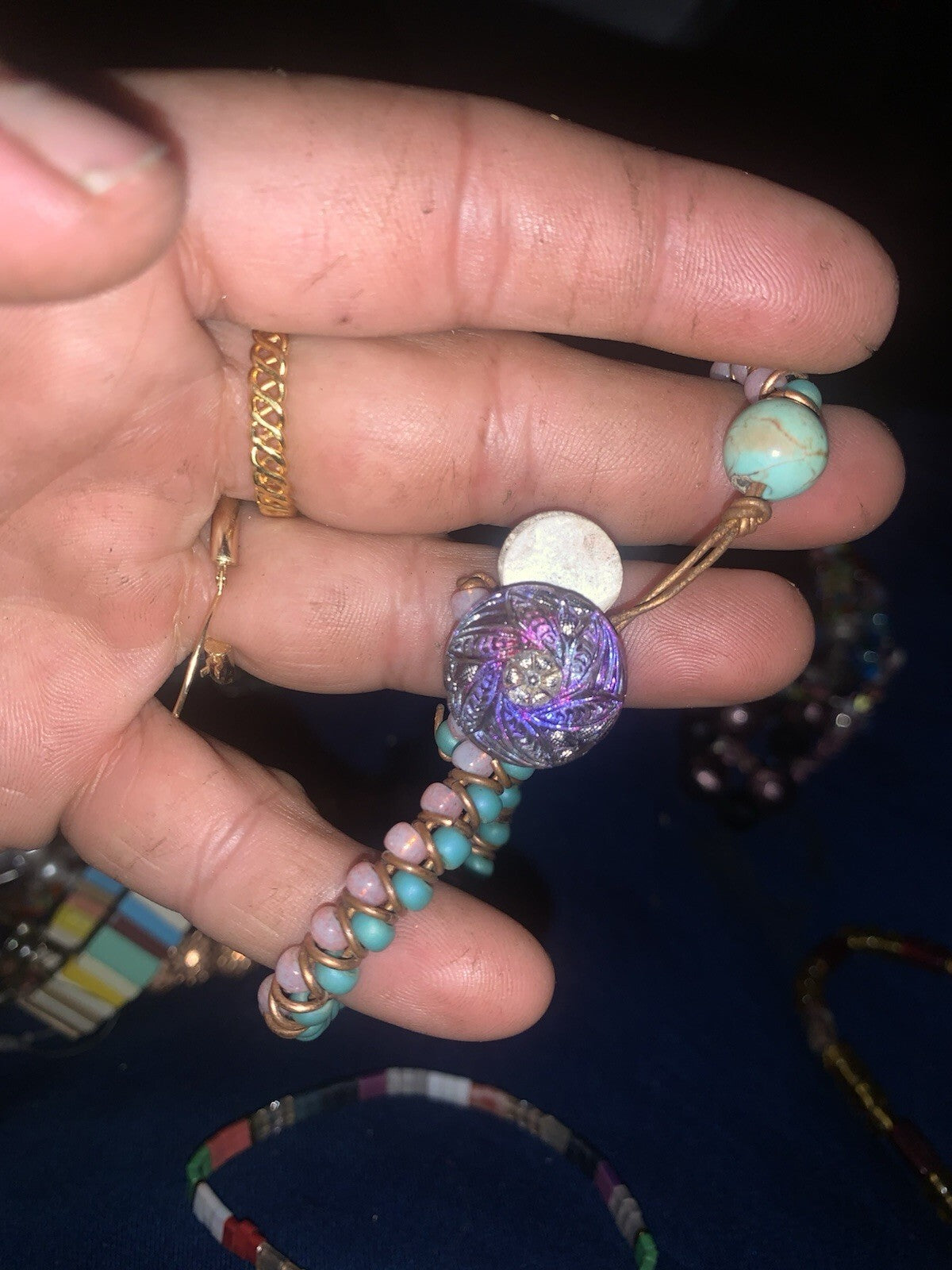 Bracelet with Iridescent Czech Glass Flower Button