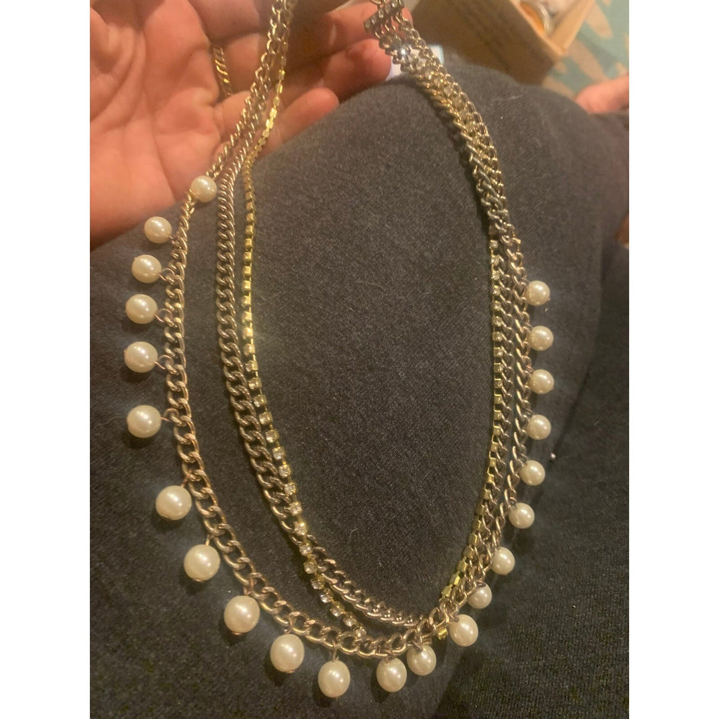 Gold Tone Multi Strand Faux Pearl Rhinestone Layered Chain Statement Necklace