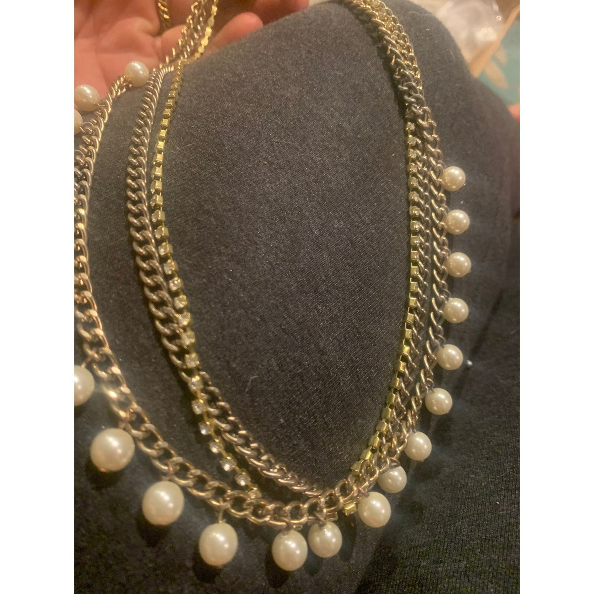 Gold Tone Multi Strand Faux Pearl Rhinestone Layered Chain Statement Necklace