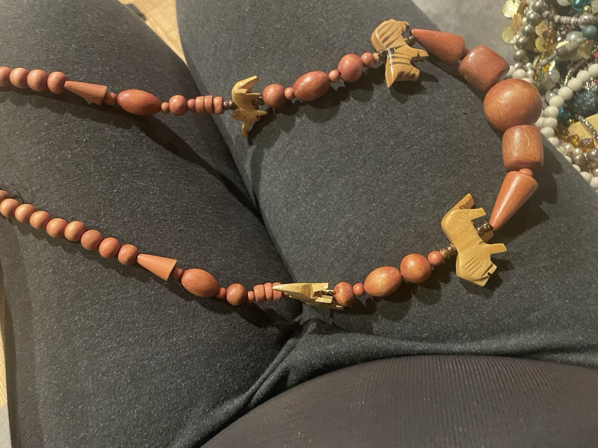 Vintage African Hand Carved Wooden Animal Safari Bead Necklace