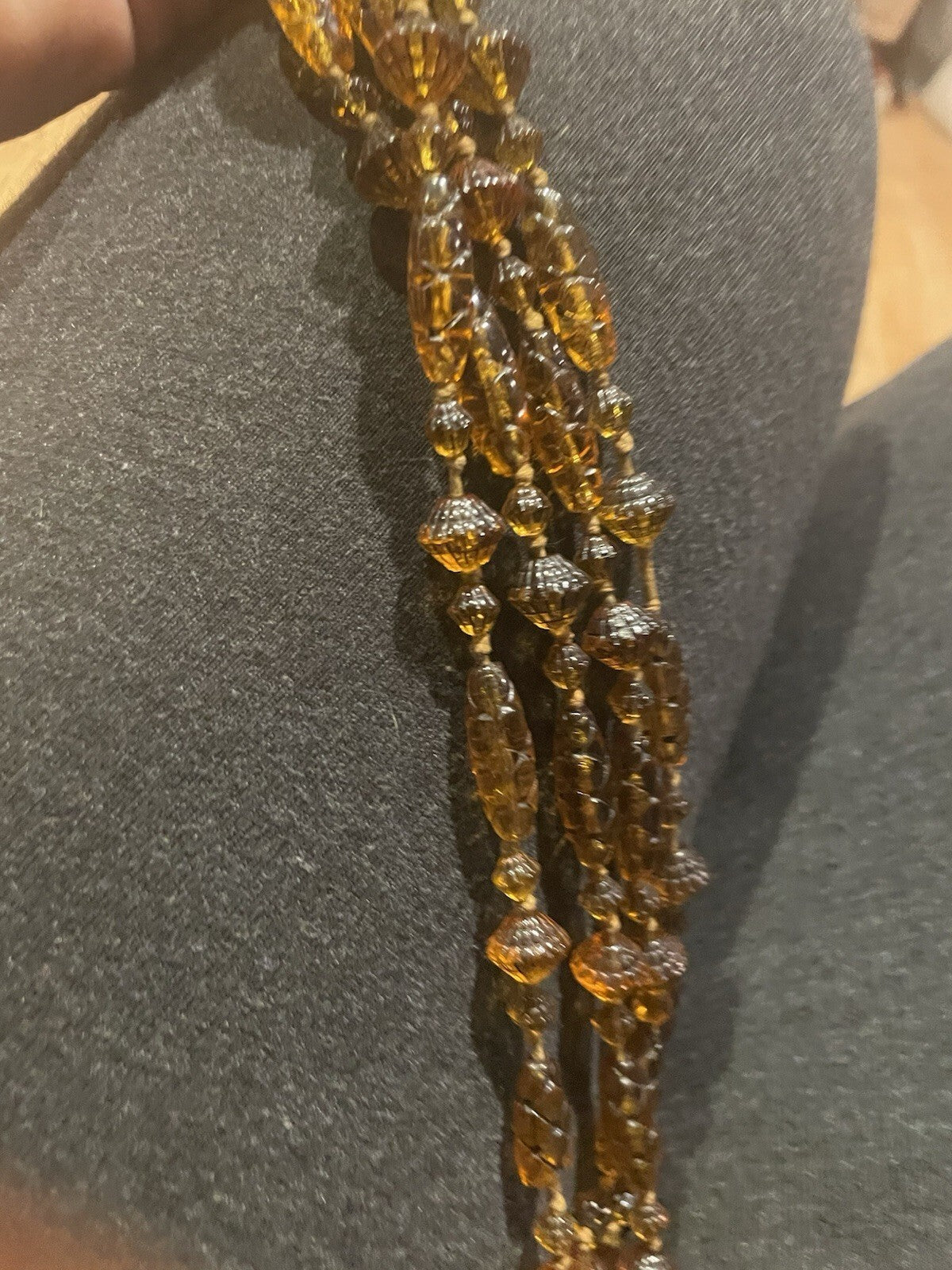 1920’s Czech Glass Honey Amber Carved Glass Bead Necklace