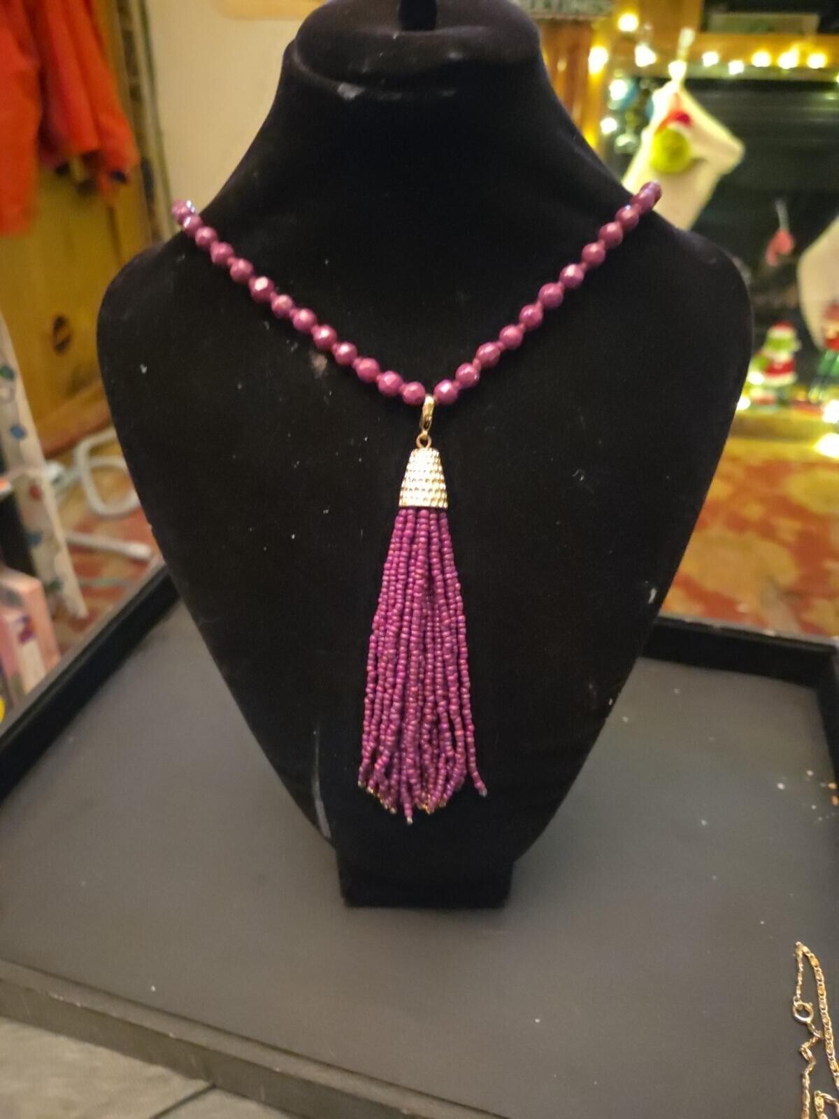 Jumbo Cabaret Beaded Tassel Pendant Necklace Antique Purple