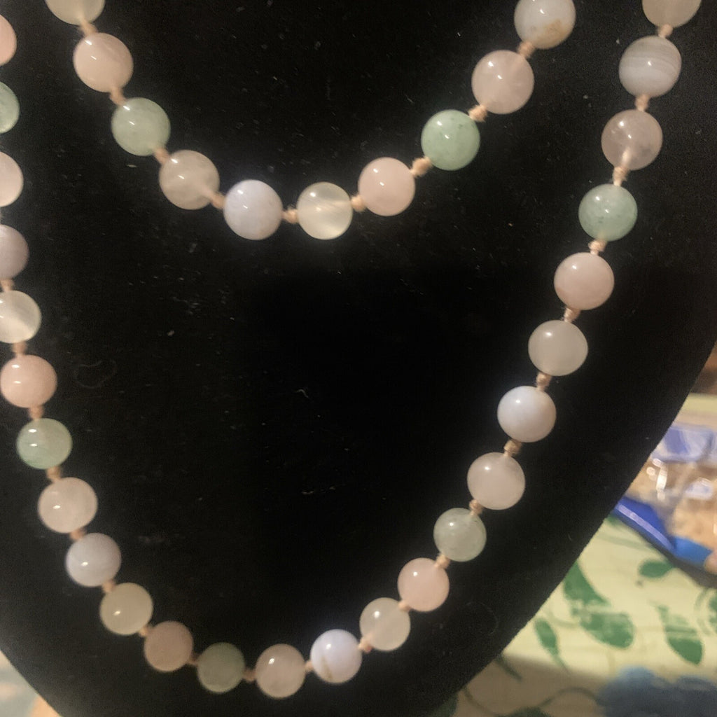 Vintage 33" Hand Knotted Multi Gemstone Bead Necklace Rose Quartz Amethyst Agate