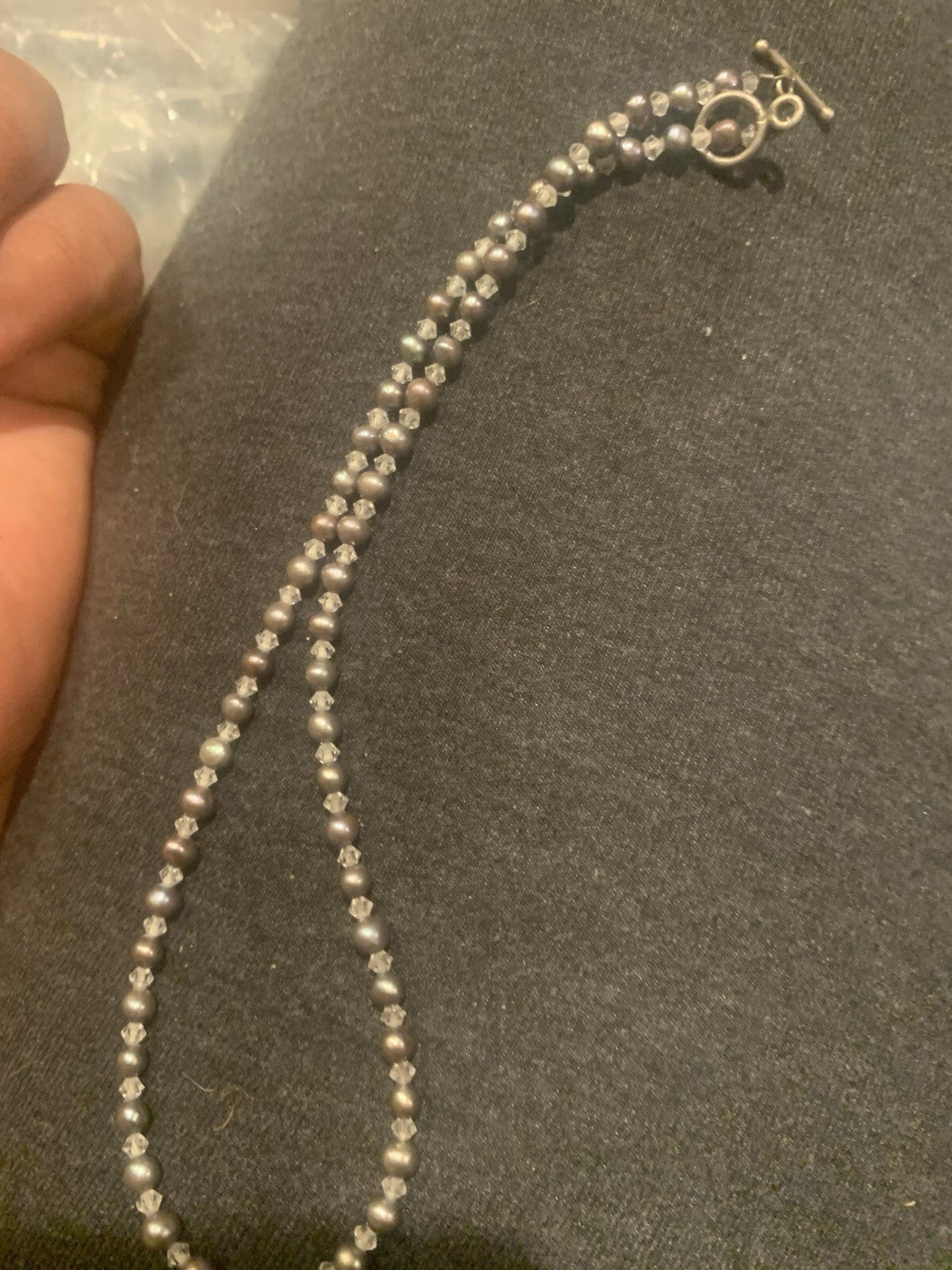 Grey Freshwater Pearl and Faceted Crystal Bicone Beaded Necklace Toggle Clasp