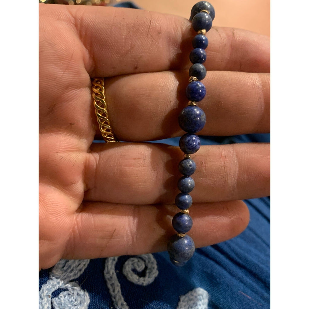 Vintage Lapis Lazuli Beaded Bracelet Gold Filled Graduated Blue Stone Jewelry