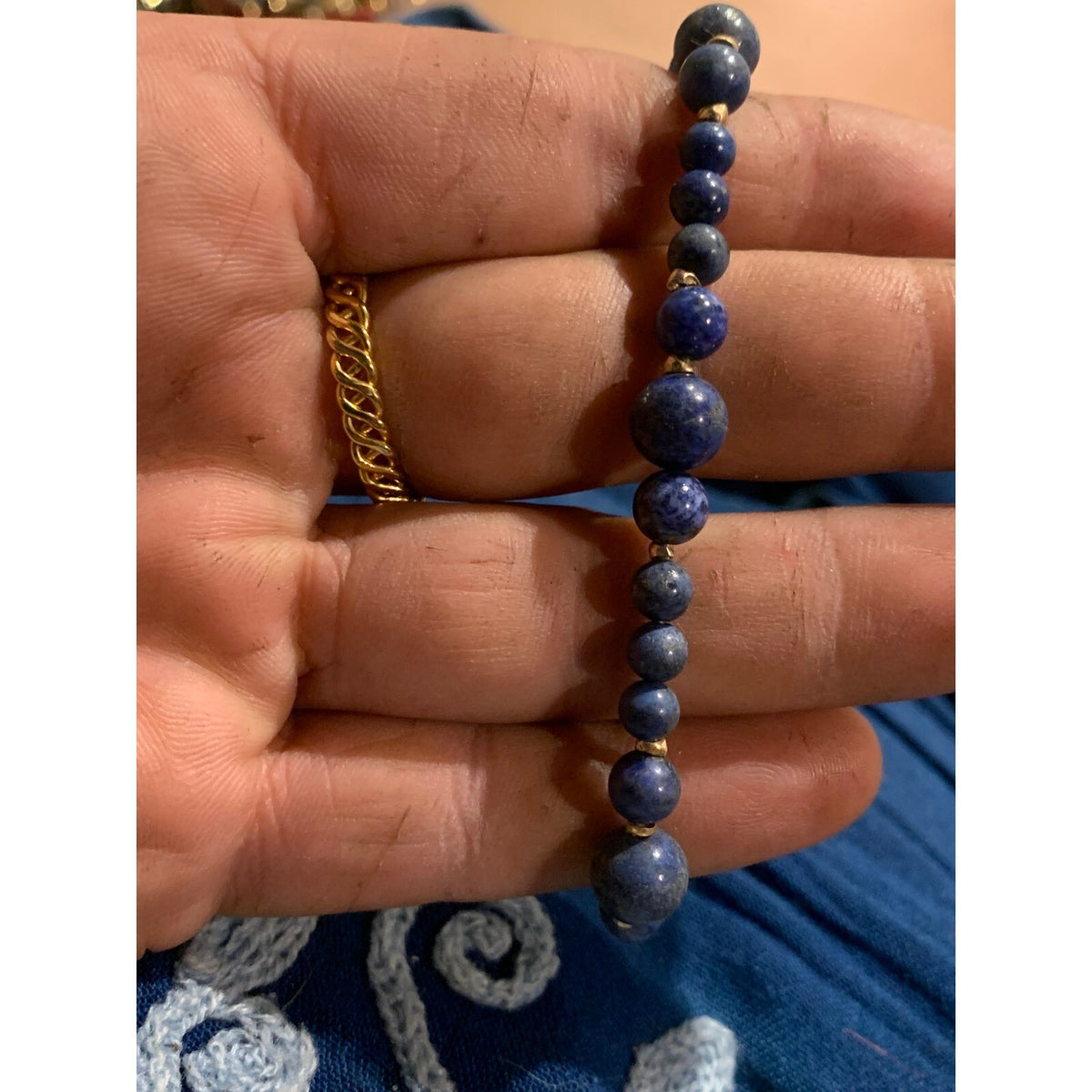 Vintage Lapis Lazuli Beaded Bracelet Gold Filled Graduated Blue Stone Jewelry