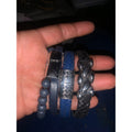Mens 4pc Bracelet Set Stainless Steel Braided Leather Blue Black Beaded Stack