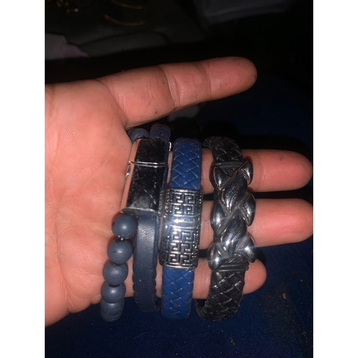 Mens 4pc Bracelet Set Stainless Steel Braided Leather Blue Black Beaded Stack