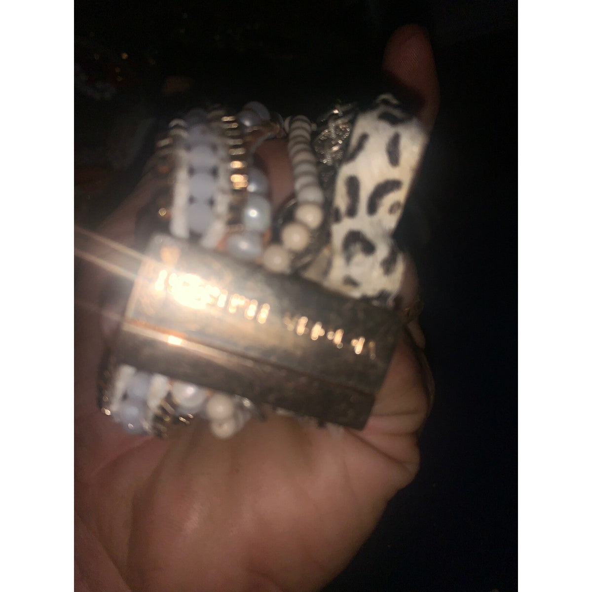 Victoria Emerson Boho Cuff Bracelet Leopard Print Pearl Bead Magnetic Clasp Gold