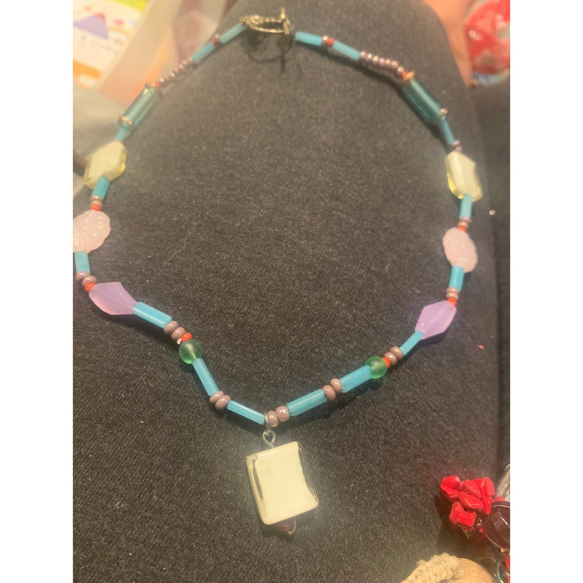Handmade Beaded Necklace Pastel Multi Color Glass Stone Floral Toggle Clasp