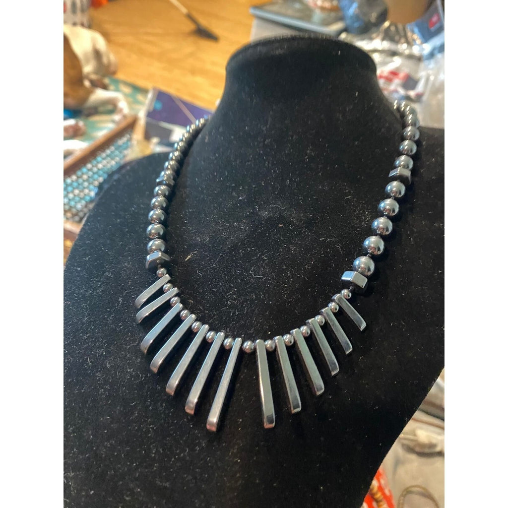 Vintage Gold Filled Hematite Fringe Necklace Gunmetal Stone Statement 18in