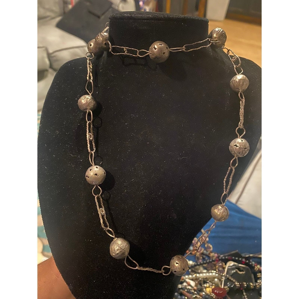 Vintage Silver Tone Perforated Ball Station Necklace Long Twisted Link Chain 24"