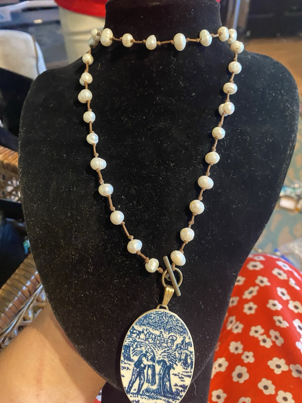 Currier And Ives Pearl Pendant Up cycled Necklace