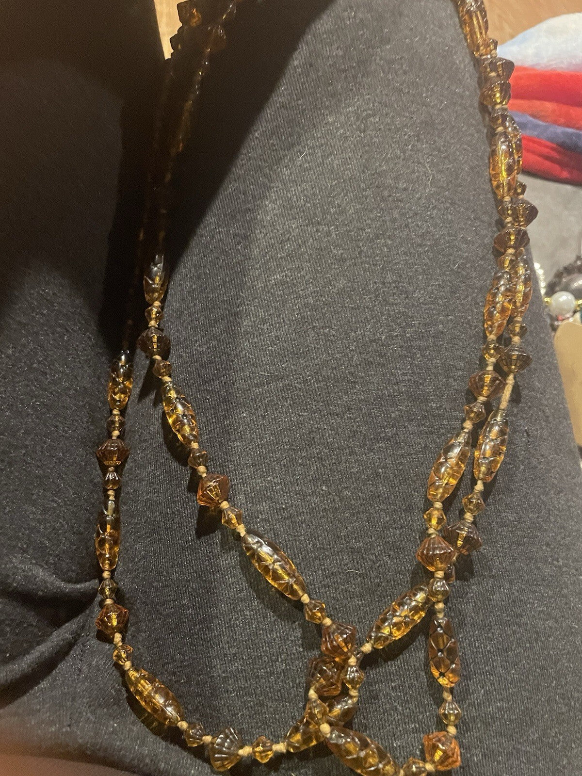 1920’s Czech Glass Honey Amber Carved Glass Bead Necklace