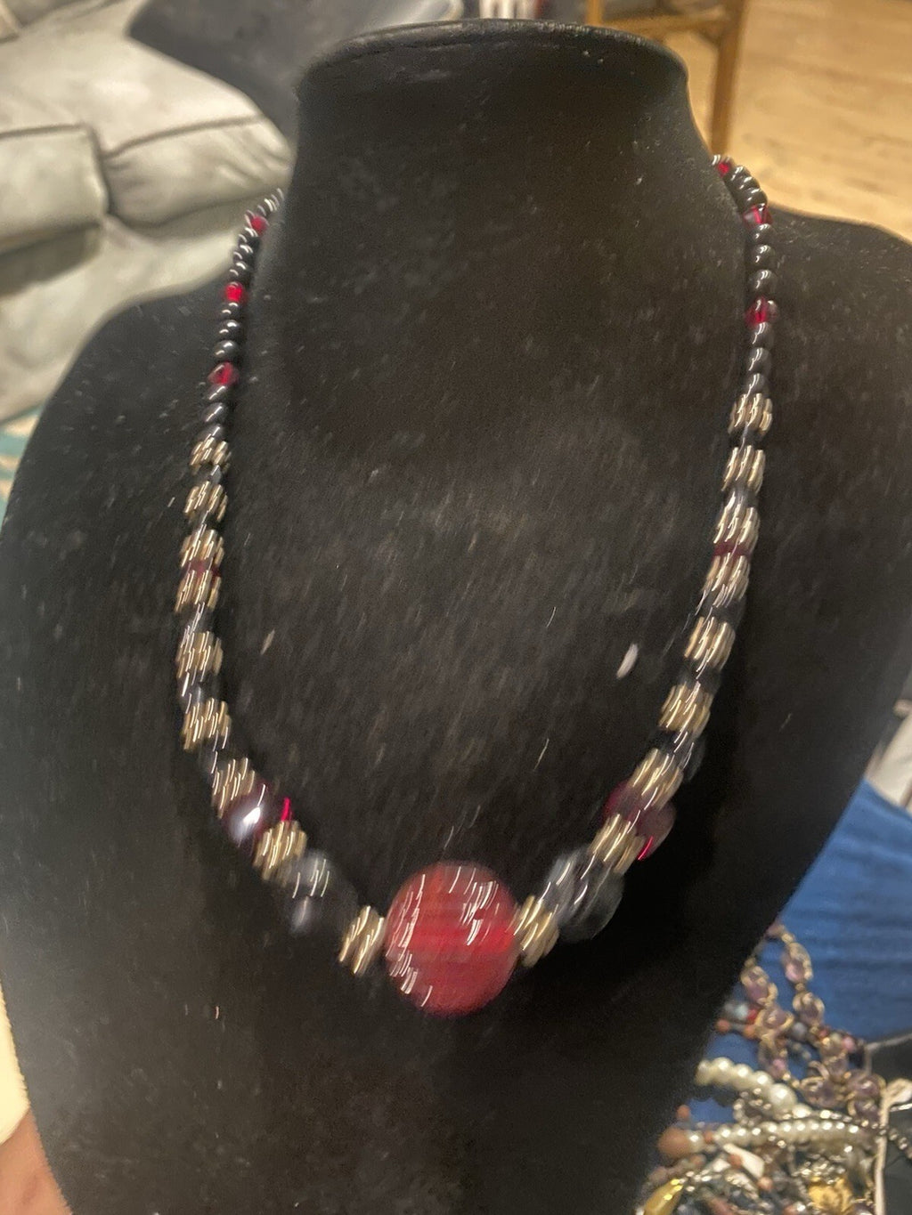 Art Deco Revival ruby-red and jet-blac Glass Necklace