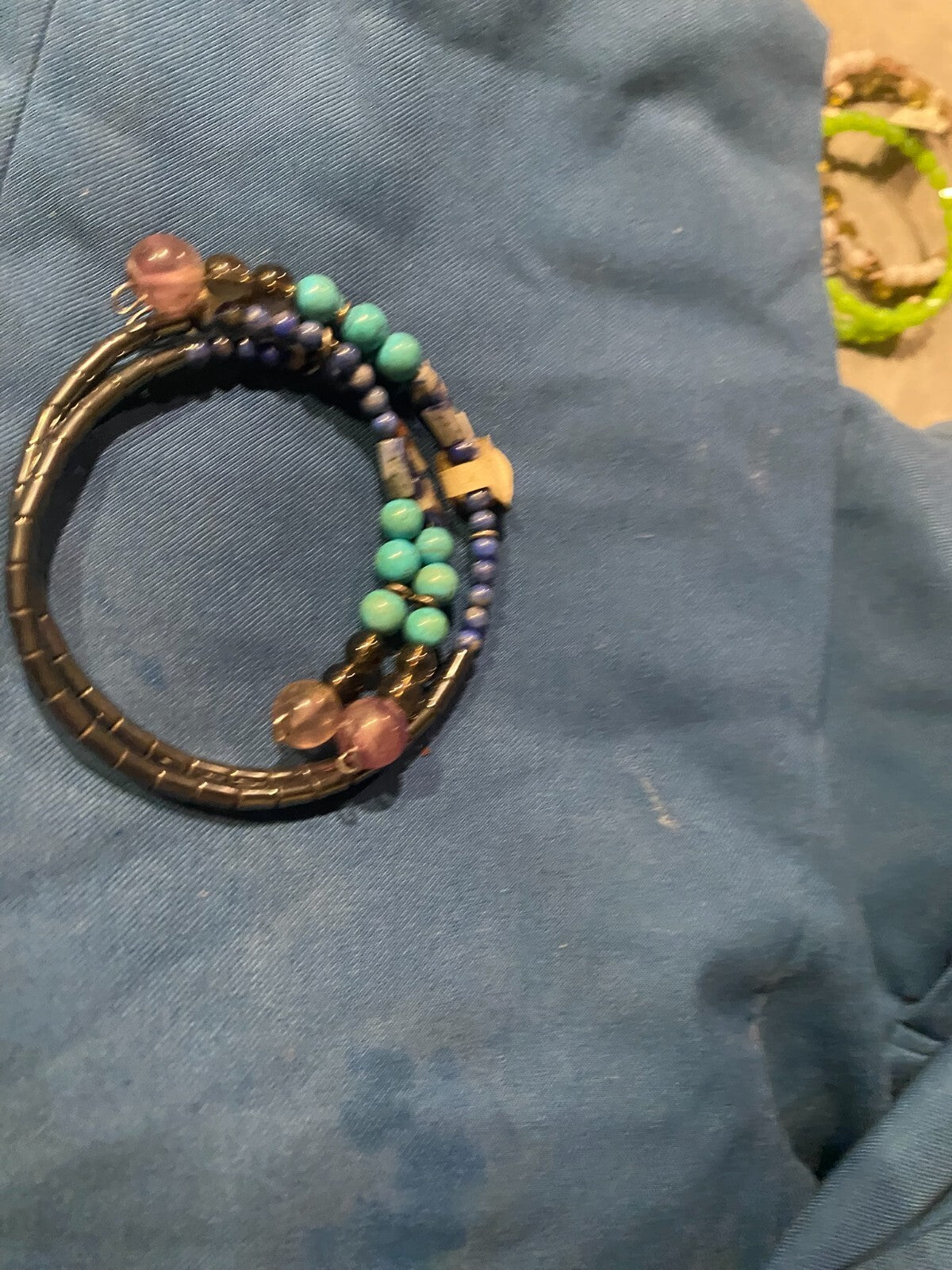 Turquoise Sodalite Hematite Beaded Bangle Wrap Bracelet Blue Green Metallic