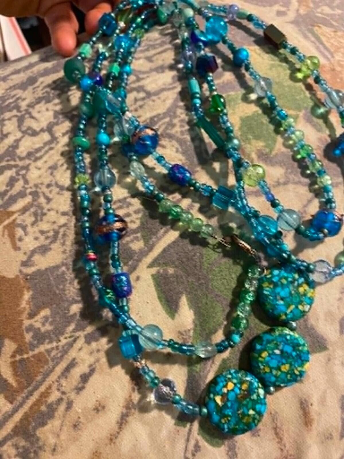 mosaic turqiouse and czech glass beaded necklace 925 sterling