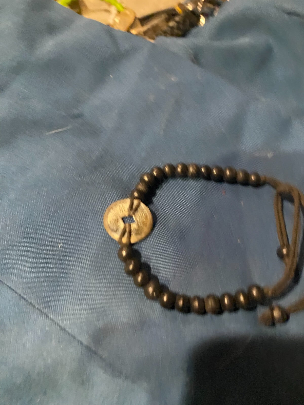 Bali Good Luck Feng Shui Bracelet Chinese Coin Black Beaded Adjustable Artisan