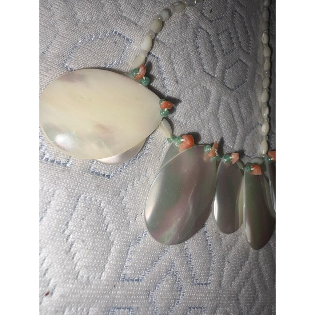 Mother of Pearl Shell and Angel Skin Coral Beaded Necklace 15 Inch Cream Pink
