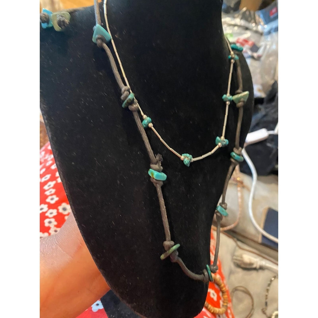 Set of 2 Turquoise Necklaces Knotted Cord and Liquid Silver Style Beads