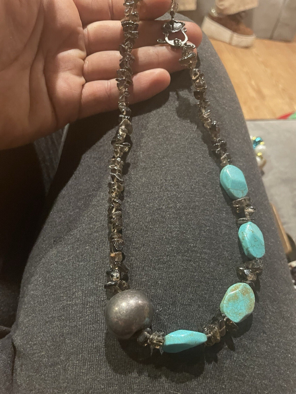 Turquoise And Smokey Quartz Sterling Necklace