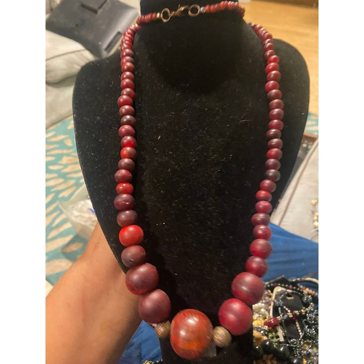 Vintage Red Graduated Beaded Necklace UV Reactive Wood Boho Statement 20 Inch
