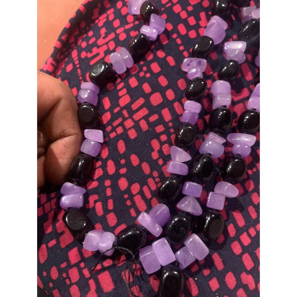 Handmade Purple Lavender Quartz Black Onyx Beaded Strand Necklace Boho Statement
